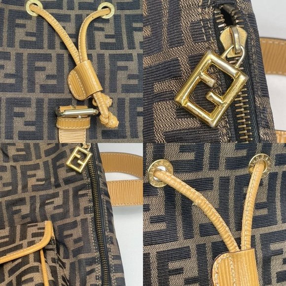 FENDI Vintage Brown & Tan Zucca Logo Monogram Leather Drawstring Backpack